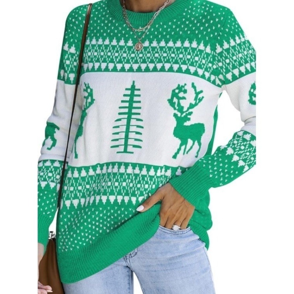 Ugly Christmas Sweater Pullover Women Small Green New Reindeer Knit Pattern